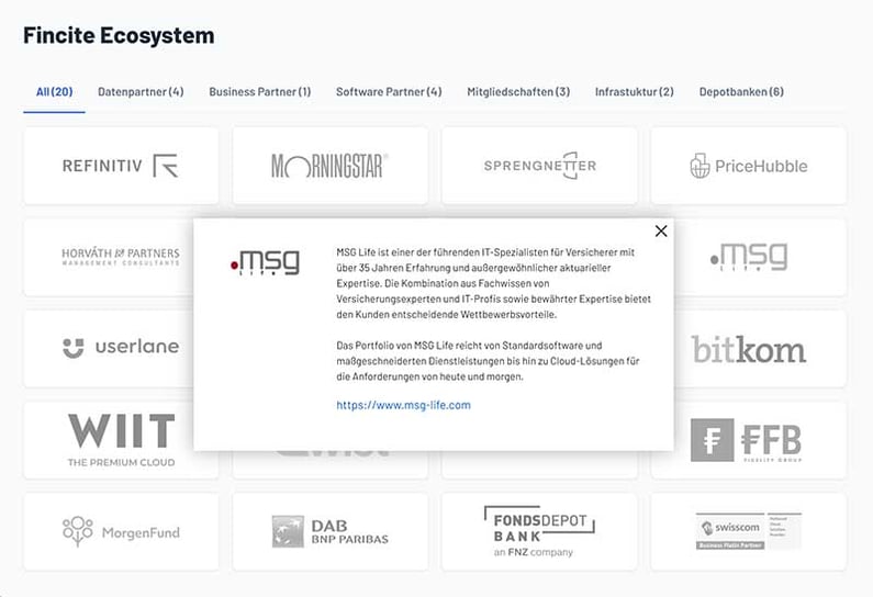 Webseite von Fincite Ecosystem: Partner Darstellung mit HubDB und Filter